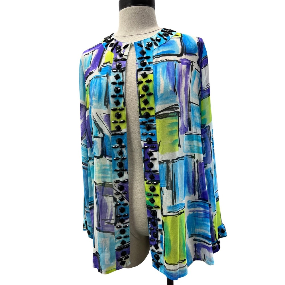 Laura Ashley‎ Silk Cardigan Women 1X Blue Excellent Abstract Beaded Open Front